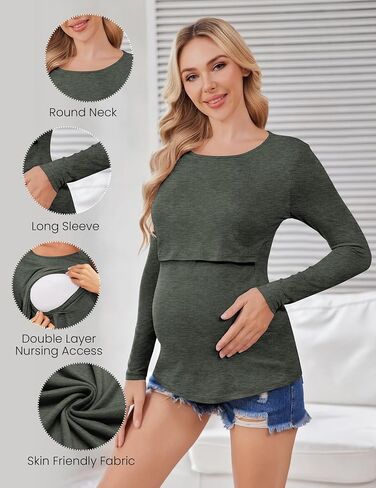 Ekouaer Women Long Sleeve Nursing Shirts 3 Pack Breastfeeding Round Neck Top Double Layer Maternity Tshirt Pregnancy Clothes in Saudi Arabia