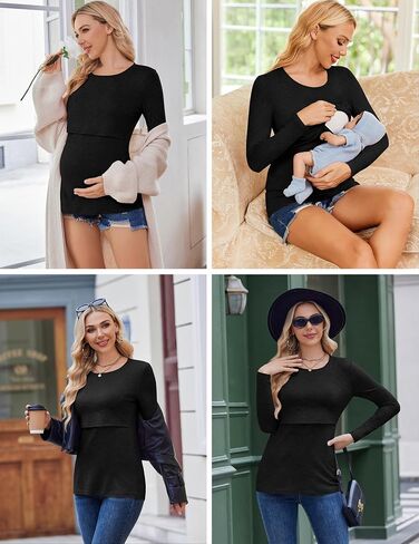 Ekouaer Women Long Sleeve Nursing Shirts 3 Pack Breastfeeding Round Neck Top Double Layer Maternity Tshirt Pregnancy Clothes in Saudi Arabia