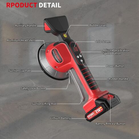 Tile Vibration Tool Cordless - 10 Adjustable Speed Tile Suction Cup Vibrating Tool - Tiling Vibration Leveling Machine with 21V 2.0Ah Battery & Lock Design for Floor Tiles Wall Installation in Kuwait