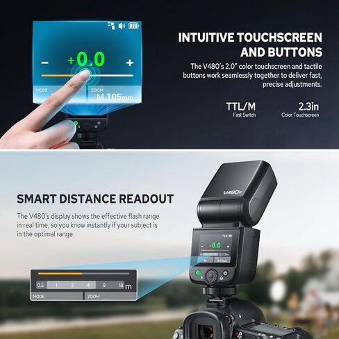 Godox V480 C V480-C TTL Flash for Canon, 2.4G Wireless Speedlite Canon HSS 1/8000s, 2.0" Color Touchscreen, Smart Distance Readout, Li-ion Battery, 650 Full Power Flashes, 10-Level Modeling Lamp in Saudi Arabia