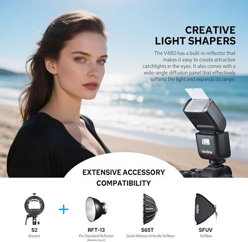 Godox V480 C V480-C TTL Flash for Canon, 2.4G Wireless Speedlite Canon HSS 1/8000s, 2.0" Color Touchscreen, Smart Distance Readout, Li-ion Battery, 650 Full Power Flashes, 10-Level Modeling Lamp in Saudi Arabia