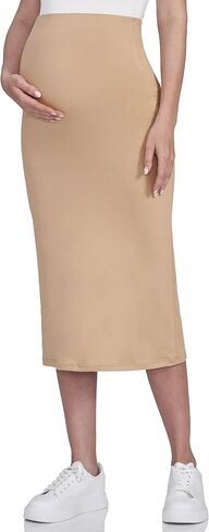 POSHDIVAH Women's Maternity Skirt Over The Belly Midi High Waisted Solid Stretchy Pregnancy Pencil Skirt in Kuwait