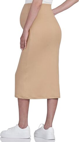 POSHDIVAH Women's Maternity Skirt Over The Belly Midi High Waisted Solid Stretchy Pregnancy Pencil Skirt in Kuwait