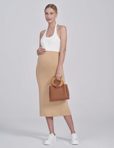 POSHDIVAH Women's Maternity Skirt Over The Belly Midi High Waisted Solid Stretchy Pregnancy Pencil Skirt in Kuwait
