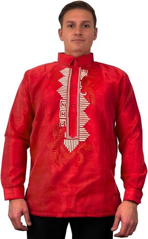 Barong Tagalog for Men, Long Sleeve Traditional Filipino Shirt, Organza with Pina Embroidery - US Size in Kuwait