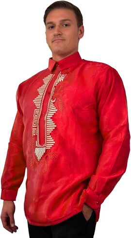 Barong Tagalog for Men, Long Sleeve Traditional Filipino Shirt, Organza with Pina Embroidery - US Size in Kuwait