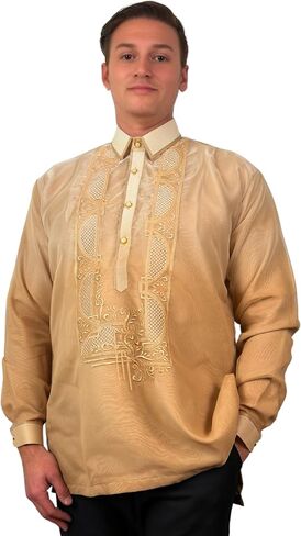 Barong Tagalog for Men, Long Sleeve Traditional Filipino Shirt, Organza with Pina Embroidery - US Size in Kuwait