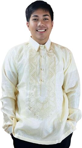 Barong Tagalog for Men, Long Sleeve Traditional Filipino Shirt, Organza with Pina Embroidery - US Size in Saudi Arabia