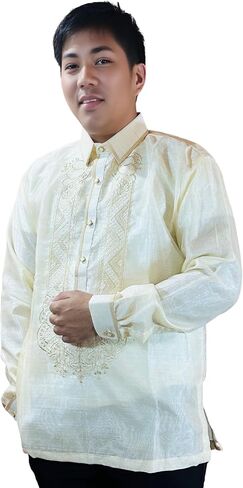 Barong Tagalog for Men, Long Sleeve Traditional Filipino Shirt, Organza with Pina Embroidery - US Size in Saudi Arabia