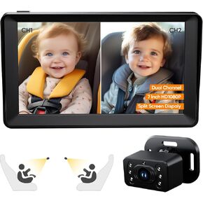Baby Car Camera for 2 Kids - 7 Inch HD1080P Split Screen Baby Monitor with Dual Backseat Camera 150° Wide View & 360° Rotatable, Night Vision Easy Install, Rear-Facing Baby Car Mirror in Saudi Arabia