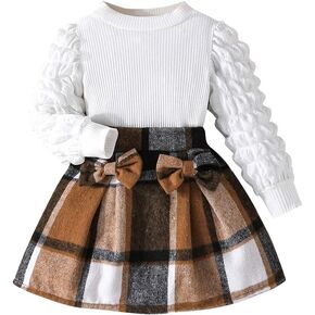 Noubeau Toddler Girls Plaid Outfits Girls Puff Sleeve Knit Ribbed Shirt Tops Plaid Skirt Set Kids Fall Winter Clothes in Saudi Arabia