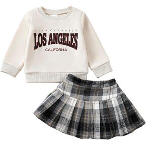 Kucnuzki Baby Girl Clothes Toddler Girl Fall Outfits Kids Winter Cute Long Sleeve T Shirt Top Plaid Mini Skirt Dress Set in Kuwait