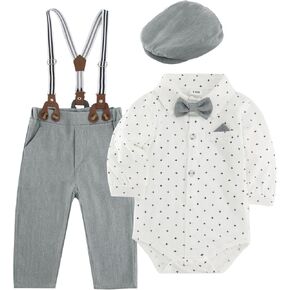 Boys Clothes Set Infant Tuxedo Long Sleeve Gentleman Suit Outfits Beret Hat Suspender Pants Bowtie Baby 0-18M in Kuwait