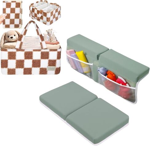 مجموعة وسادة الاستراحة والكوع باث (أخضر) وحزمة حفاضات Checered Caddy (Taupe & White) in Kuwait