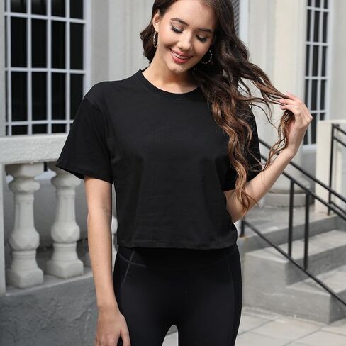 Women Workout Crop Top T-Shirt 100% Cotton Drop Shoulder Half Sleeve Oversized Yoga Running Cropped Loose Tee in Kuwait