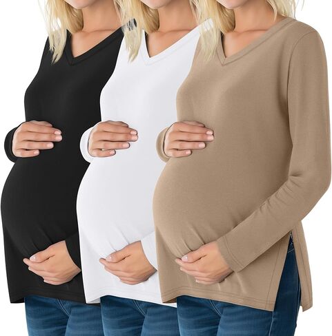 3 Pack Women's Maternity Shirts Fleece Lined Long Sleeve Split Side Tee V Neck Pregnancy Clothes Fall Thermal Top in Saudi Arabia