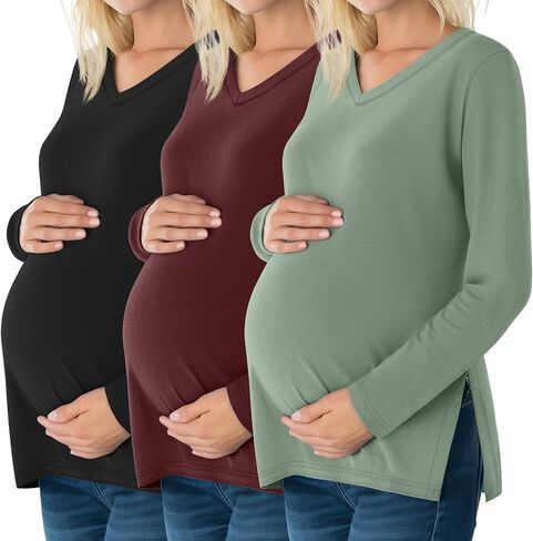 3 Pack Women's Maternity Shirts Fleece Lined Long Sleeve Split Side Tee V Neck Pregnancy Clothes Fall Thermal Top in Saudi Arabia