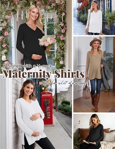 3 Pack Women's Maternity Shirts Fleece Lined Long Sleeve Split Side Tee V Neck Pregnancy Clothes Fall Thermal Top in Saudi Arabia