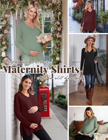 3 Pack Women's Maternity Shirts Fleece Lined Long Sleeve Split Side Tee V Neck Pregnancy Clothes Fall Thermal Top in Saudi Arabia