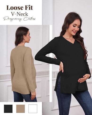 3 Pack Women's Maternity Shirts Fleece Lined Long Sleeve Split Side Tee V Neck Pregnancy Clothes Fall Thermal Top in Saudi Arabia