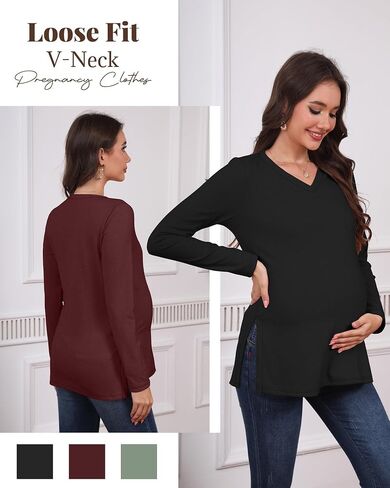 3 Pack Women's Maternity Shirts Fleece Lined Long Sleeve Split Side Tee V Neck Pregnancy Clothes Fall Thermal Top in Saudi Arabia