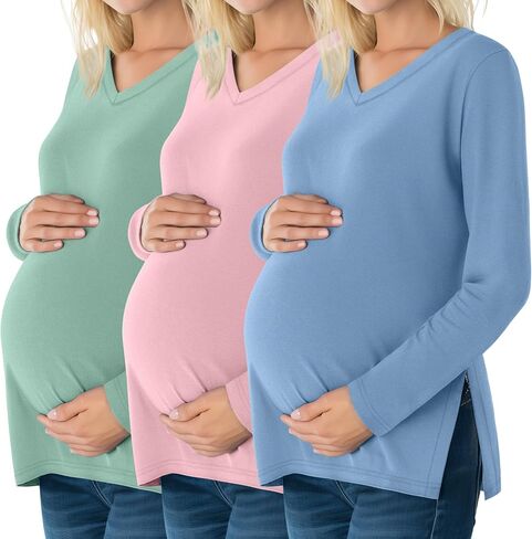 3 Pack Women's Maternity Shirts Fleece Lined Long Sleeve Split Side Tee V Neck Pregnancy Clothes Fall Thermal Top in Saudi Arabia