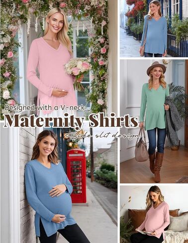 3 Pack Women's Maternity Shirts Fleece Lined Long Sleeve Split Side Tee V Neck Pregnancy Clothes Fall Thermal Top in Saudi Arabia