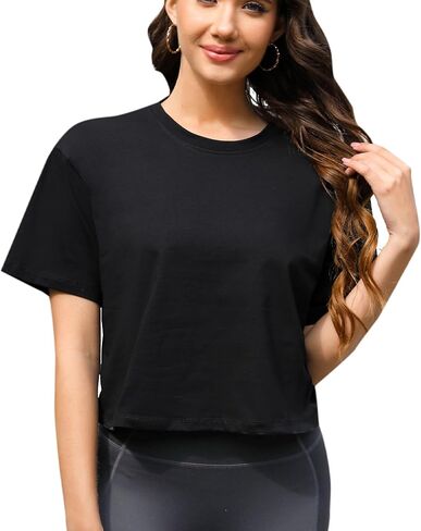 Women Workout Crop Top T-Shirt 100% Cotton Drop Shoulder Half Sleeve Oversized Yoga Running Cropped Loose Tee in Kuwait