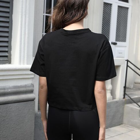 Women Workout Crop Top T-Shirt 100% Cotton Drop Shoulder Half Sleeve Oversized Yoga Running Cropped Loose Tee in Kuwait
