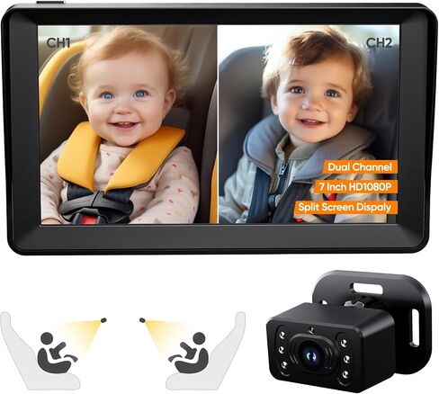 Baby Car Camera for 2 Kids - 7 Inch HD1080P Split Screen Baby Monitor with Dual Backseat Camera 150° Wide View & 360° Rotatable, Night Vision Easy Install, Rear-Facing Baby Car Mirror in Saudi Arabia