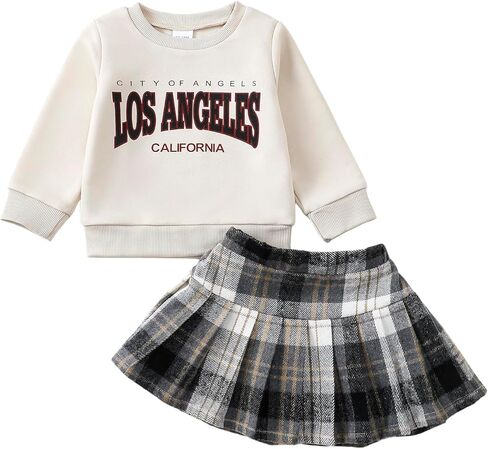 Kucnuzki Baby Girl Clothes Toddler Girl Fall Outfits Kids Winter Cute Long Sleeve T Shirt Top Plaid Mini Skirt Dress Set in Kuwait