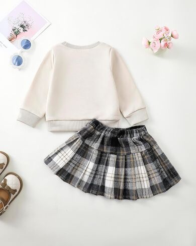 Kucnuzki Baby Girl Clothes Toddler Girl Fall Outfits Kids Winter Cute Long Sleeve T Shirt Top Plaid Mini Skirt Dress Set in Kuwait