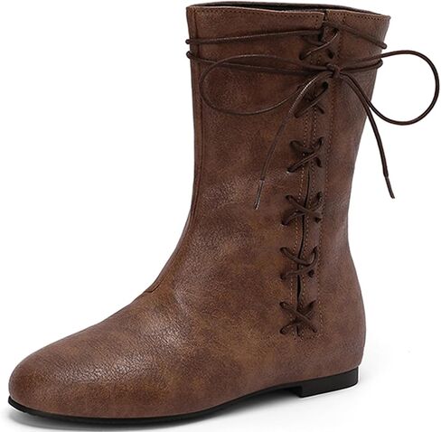Cozivwaiy Women Vintage Flats Short Boots Lace up Comfortable Round Toe Pirate Boot Costume Medieval Renaissance Flat Victorian Boots in Kuwait