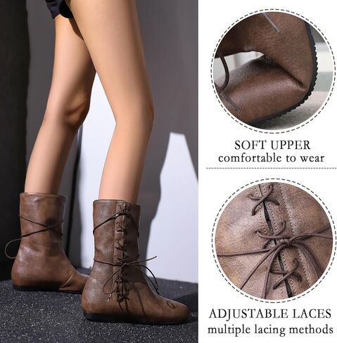 Cozivwaiy Women Fintage Flats Short Boots Lace Up Most Round Toe Pirate Boot Boot Costume Renaissance Flat Flat in Kuwait