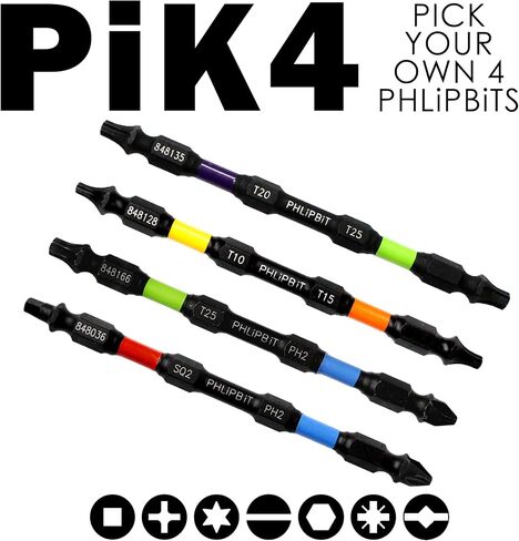 PIK4 - اختيار مخصص أي 4 × 4 بوصة نهاية مزدوجة+واجب مزدوج+حياة مزدوجة ، 1/4 "بتات التأثير السداسي - SQ/PH/TX/SL/HX/EC/PZ مجموعات. in Kuwait