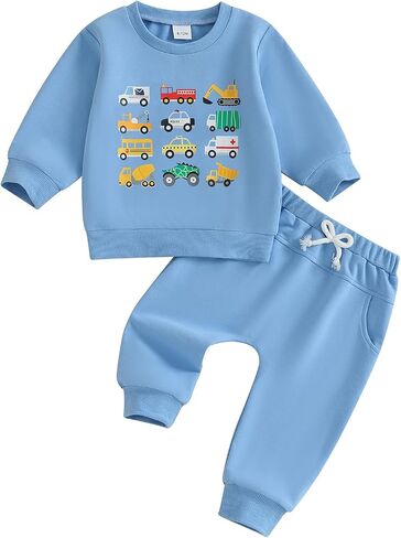 Fernvia Baby Boy Fall Winter Clothes Toddler Kids Solid Outfits Vehicle Long Sleeve Sweatshirt Tops + Joggers Pants Set in Saudi Arabia