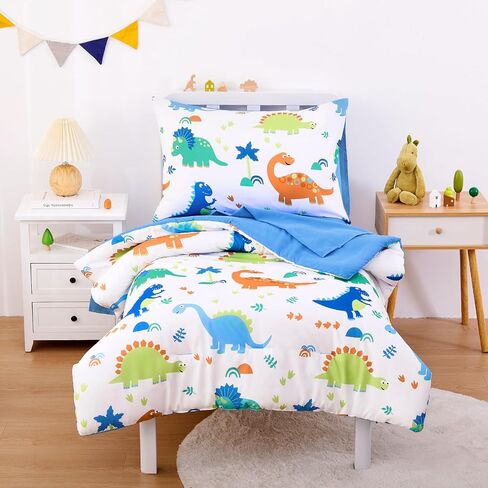 Wake In Cloud - Dinosaur Toddler Bedding Set for Boys, Cute Colorful Dinosaurs, 4 Pieces Soft Crib Bed Set Including Comforter, Sheets and Pillowcase, Navy Blue | Cute Colorful Dinosaurs, Bed Comforter Set Including Sheets and Pillowcase, 4 Pieces in Saudi Arabia