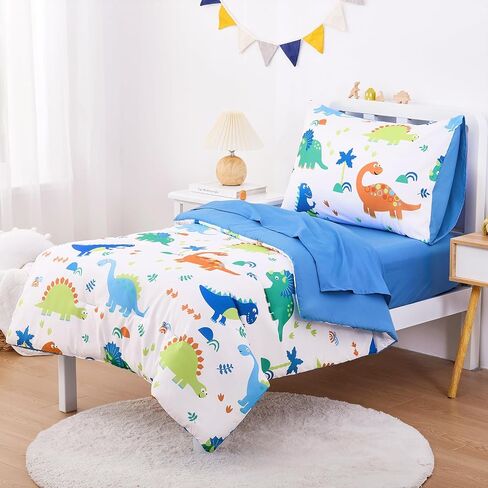 Wake In Cloud - Dinosaur Toddler Bedding Set for Boys, Cute Colorful Dinosaurs, 4 Pieces Soft Crib Bed Set Including Comforter, Sheets and Pillowcase, Navy Blue | Cute Colorful Dinosaurs, Bed Comforter Set Including Sheets and Pillowcase, 4 Pieces in Saudi Arabia
