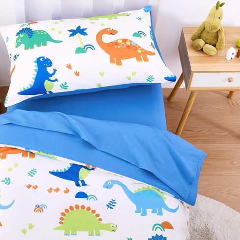 Wake In Cloud - Dinosaur Toddler Bedding Set for Boys, Cute Colorful Dinosaurs, 4 Pieces Soft Crib Bed Set Including Comforter, Sheets and Pillowcase, Navy Blue | Cute Colorful Dinosaurs, Bed Comforter Set Including Sheets and Pillowcase, 4 Pieces in Saudi Arabia