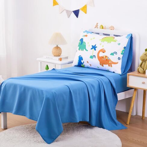 Wake In Cloud - Dinosaur Toddler Bedding Set for Boys, Cute Colorful Dinosaurs, 4 Pieces Soft Crib Bed Set Including Comforter, Sheets and Pillowcase, Navy Blue | Cute Colorful Dinosaurs, Bed Comforter Set Including Sheets and Pillowcase, 4 Pieces in Saudi Arabia