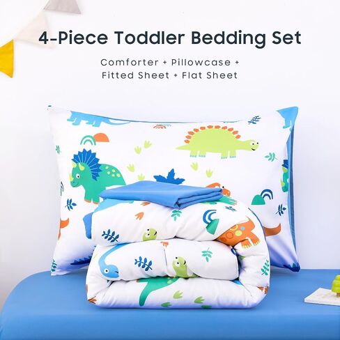 Wake In Cloud - Dinosaur Toddler Bedding Set for Boys, Cute Colorful Dinosaurs, 4 Pieces Soft Crib Bed Set Including Comforter, Sheets and Pillowcase, Navy Blue | Cute Colorful Dinosaurs, Bed Comforter Set Including Sheets and Pillowcase, 4 Pieces in Saudi Arabia