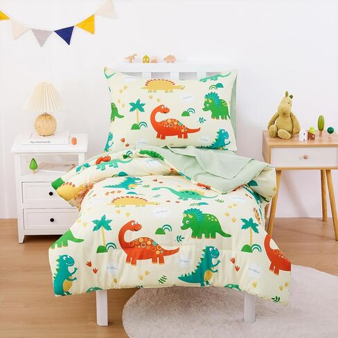 Wake in Cloud - Dinosaur Toddler Bedding مجموعة للأولاد ، الديناصورات الملونة اللطيفة ، 4 قطع سرير سرير ناعم بما في ذلك الحافز والألواح والوسادة ، والأزرق البحري in Saudi Arabia