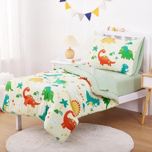 Wake in Cloud - Dinosaur Toddler Bedding مجموعة للأولاد ، الديناصورات الملونة اللطيفة ، 4 قطع سرير سرير ناعم بما في ذلك الحافز والألواح والوسادة ، والأزرق البحري in Saudi Arabia