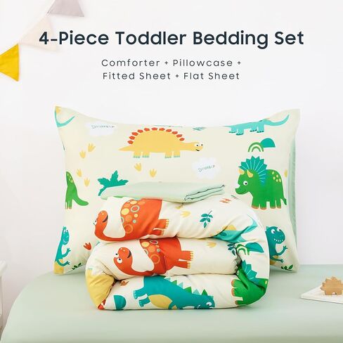 Wake in Cloud - Dinosaur Toddler Bedding مجموعة للأولاد ، الديناصورات الملونة اللطيفة ، 4 قطع سرير سرير ناعم بما في ذلك الحافز والألواح والوسادة ، والأزرق البحري in Saudi Arabia