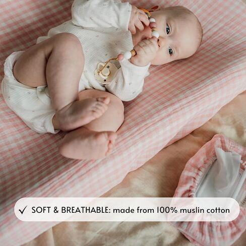 Gingham Diaper Changing Pad Cover, 16 x 32 inches, Soft Muslin Cotton, Elastic Band, Check Pattern (Pink Gingham) in Kuwait