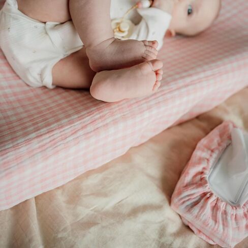 Gingham Diaper Changing Pad Cover, 16 x 32 inches, Soft Muslin Cotton, Elastic Band, Check Pattern (Pink Gingham) in Kuwait