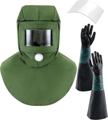 Sand Blasting Hood Cap with 23.6" Blast Gloves and 1 Pcs Sandblasting Hood Replacement Lens Glass, Shawl Cap Sandblasting Mask Set for Polishing Painting Dusting Grinding Abrasive Cabinet in Saudi Arabia