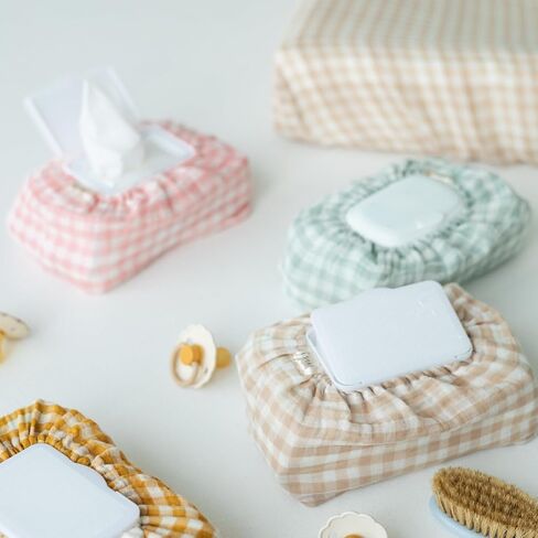 Baby Wipes Cover – Universal Size, One Size Fits All Wipes Packages | Muslin Cotton Tissue Cover for Nursery, Diaper Bag & Changing Table, Station | Gingham & Neutral Patterns (Cream) in Kuwait