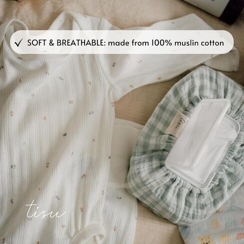 Baby Wipes Cover – Universal Size, One Size Fits All Wipes Packages | Muslin Cotton Tissue Cover for Nursery, Diaper Bag & Changing Table, Station | Gingham & Neutral Patterns (Cream) in Kuwait