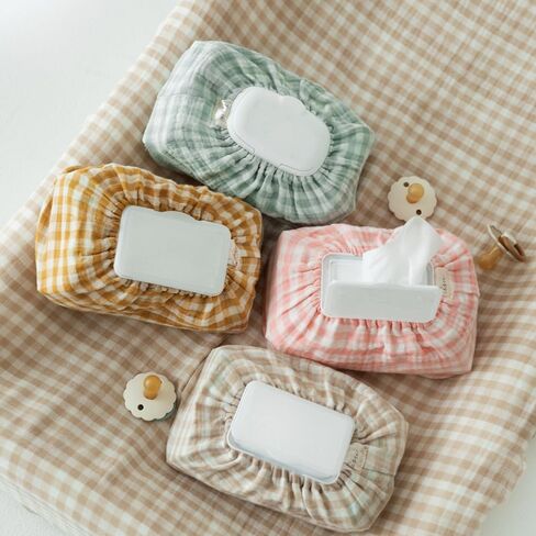 Baby Wipes Cover – Universal Size, One Size Fits All Wipes Packages | Muslin Cotton Tissue Cover for Nursery, Diaper Bag & Changing Table, Station | Gingham & Neutral Patterns (Cream) in Kuwait